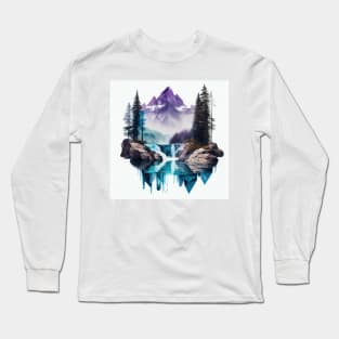 Majestic Purple Mountains with Blue Lake Waterfall Long Sleeve T-Shirt